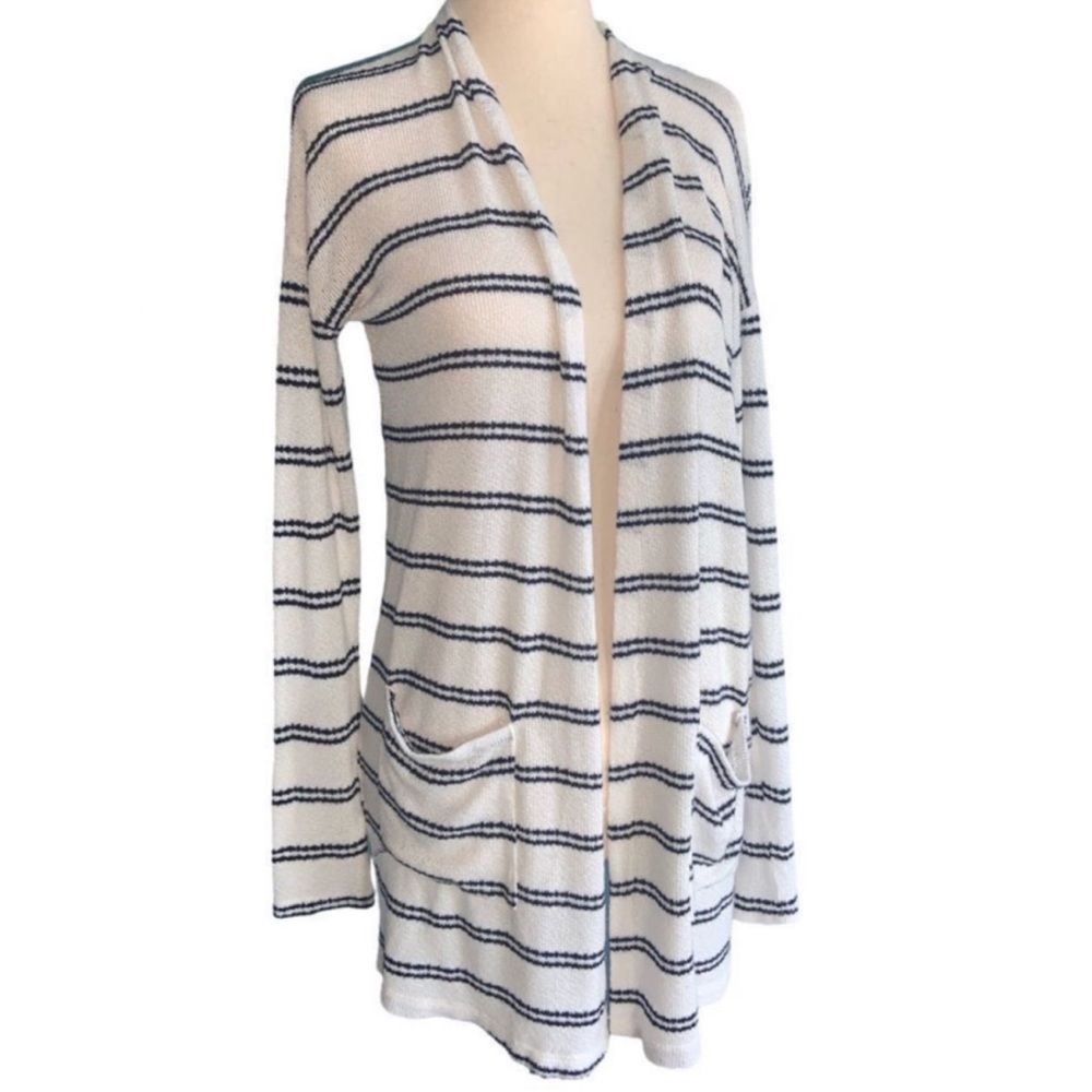 CARDIGAN SWEATER BY STACCATO | WHITE WITH COUPLED BLACK STRIPES | SMALL